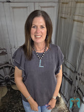 Load image into Gallery viewer, Ribbed Ruffled Sleeve Top-Charcoal
