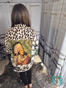 Leopard And Indian Headdress Linen Button Down Shirt/Jacket