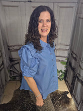 Load image into Gallery viewer, Button Down Ruffled Short Sleeve Chambray Blouse
