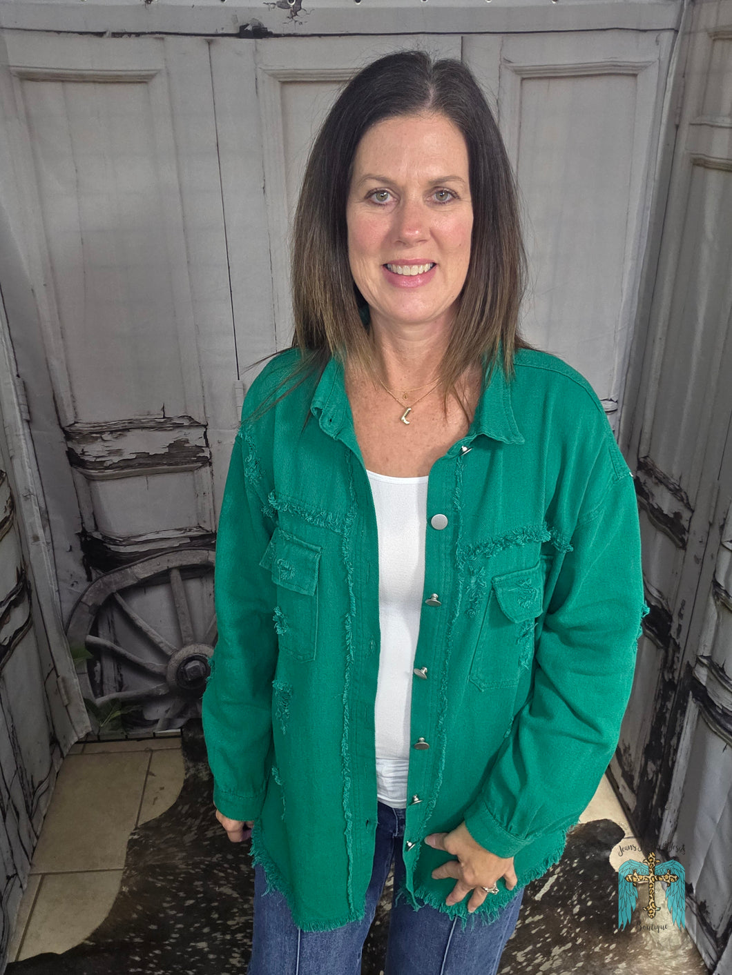 Denim Shackets-Kelly Green