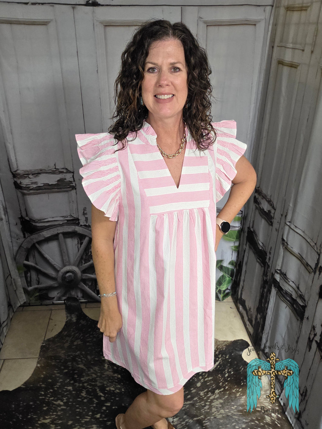 Pink Striped V-Neck Dress With Ruffled Sleeve