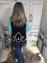 Load image into Gallery viewer, Black Fringe Studded Vest with Turq Stone Concho
