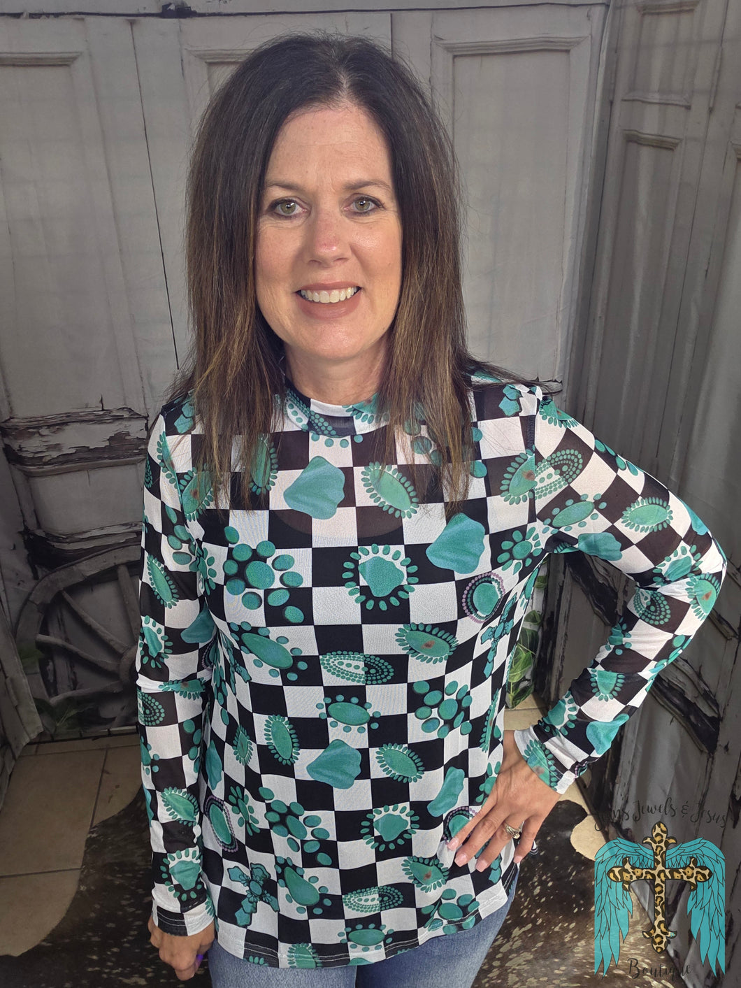 Checkered Turquoise Concho Mesh