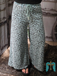 Faded Teal Leopard Wide Leg Pants