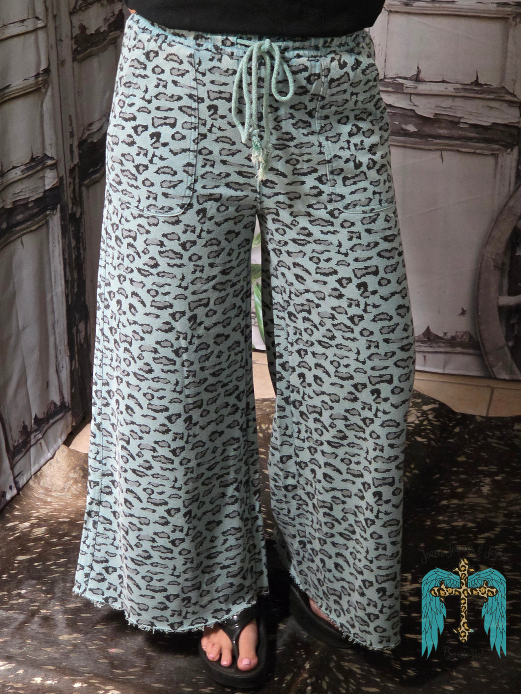 Faded Teal Leopard Wide Leg Pants