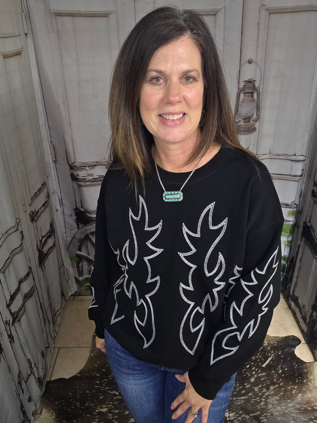 Western Bootstitch Embroidered Sweatshirt-Black