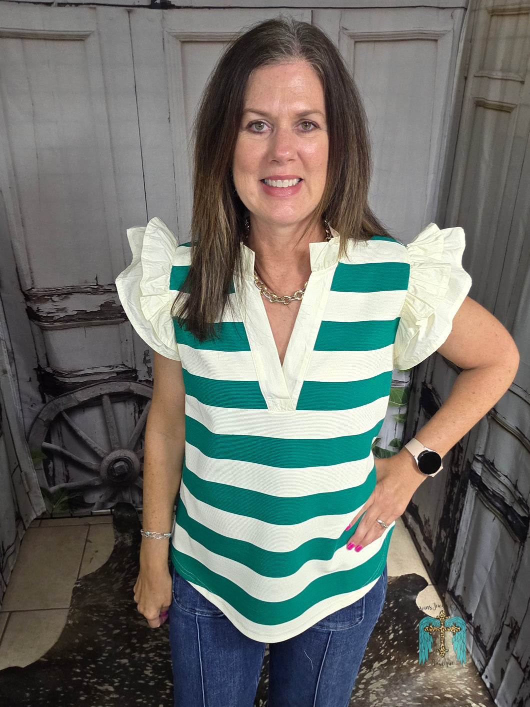 Kelly Green Striped Top With Ruffled Cap Sleeve