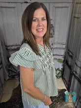 Load image into Gallery viewer, Hunter Green Striped Ruffled Top
