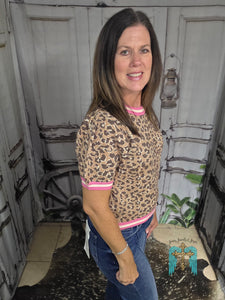 Leopard Puff Sleeved Sweater With Pink Trim