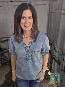 Washed Denim With Buttoned V Neck Top