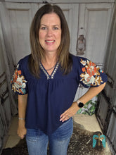Load image into Gallery viewer, THML Navy Blue Embroidered Puff Sleeve Top
