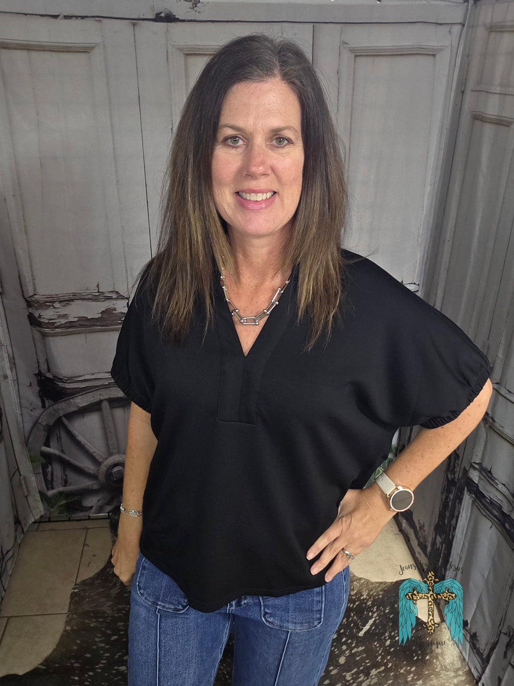 Dolman Sleeve V-Neck Top-Black