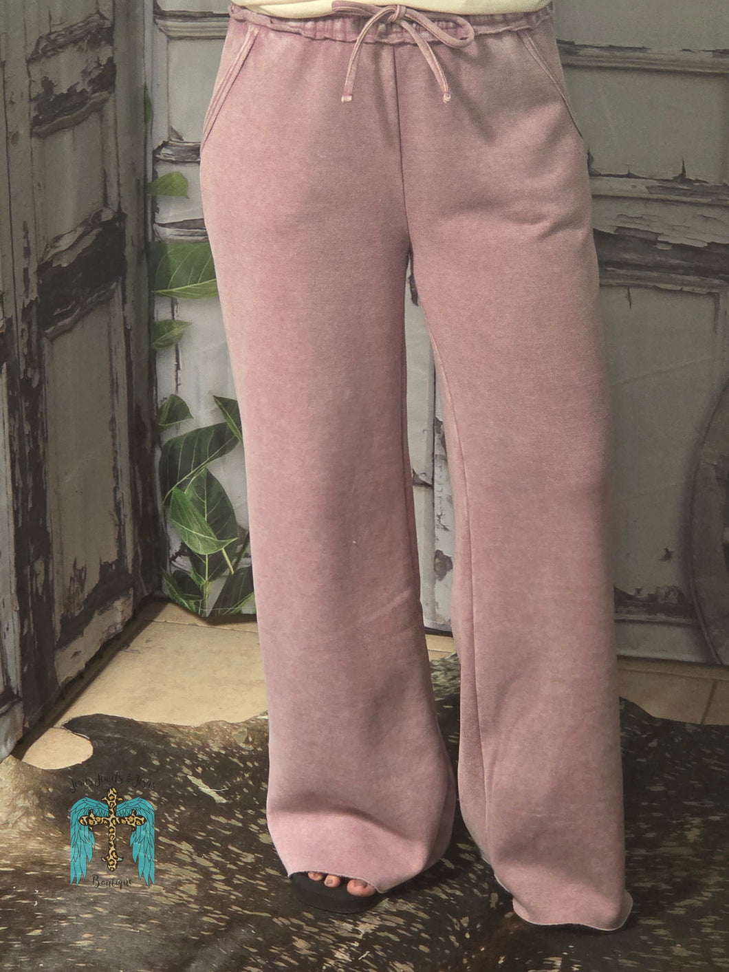 Acid Wash Fleece Palazzo Pants-Light Rose
