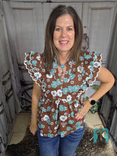 Load image into Gallery viewer, Brown And Turquoise Floral Top With Ruffled Sleeve
