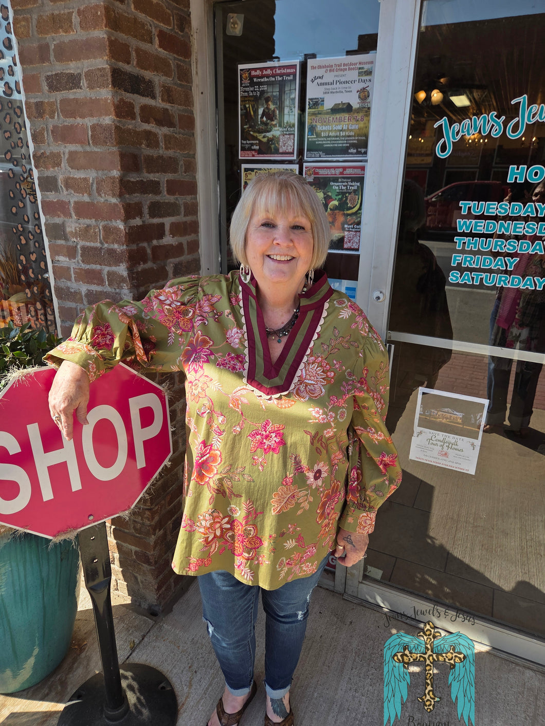 Plus Olive and Burgundy Floral Top