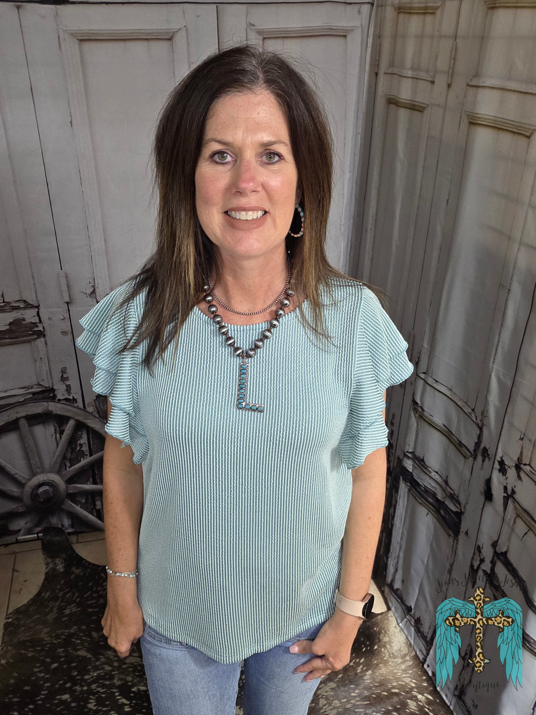 Ribbed Ruffled Sleeve Top-Sage