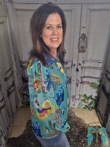 Turquoise Cowgirl Club Chifon Button Up Top