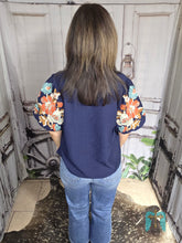 Load image into Gallery viewer, THML Navy Blue Embroidered Puff Sleeve Top
