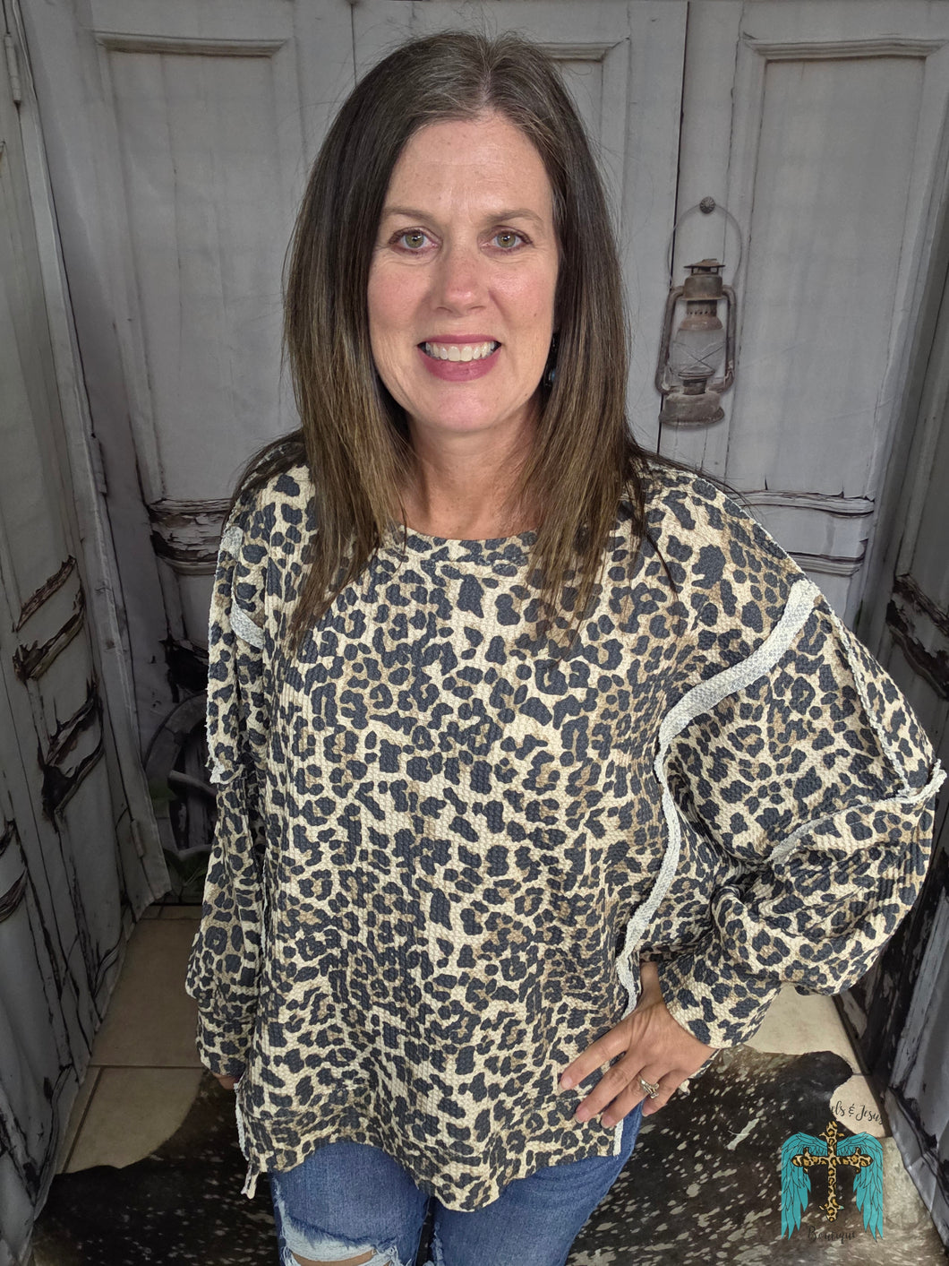 Leopard Print Oversized Waffle Thermal Sweatshirt