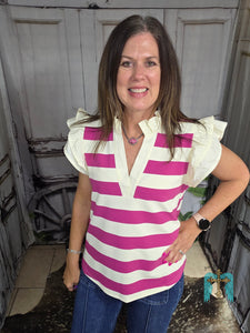 Hot Pink Striped Top With Ruffled Cap Sleeve