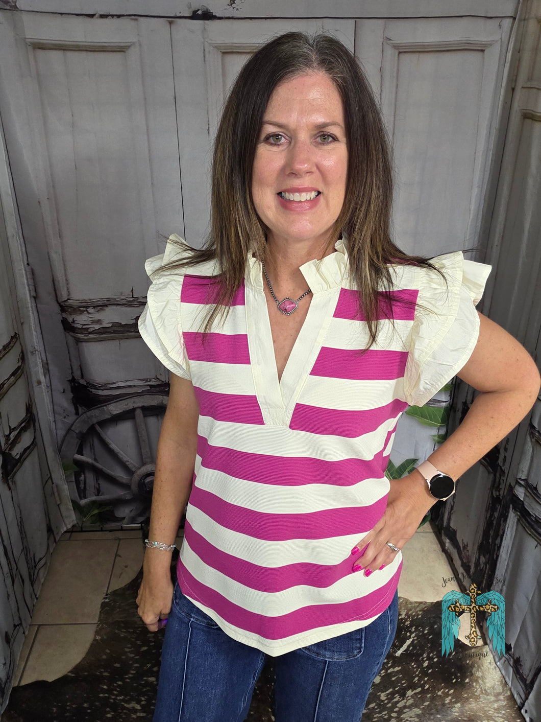 Hot Pink Striped Top With Ruffled Cap Sleeve