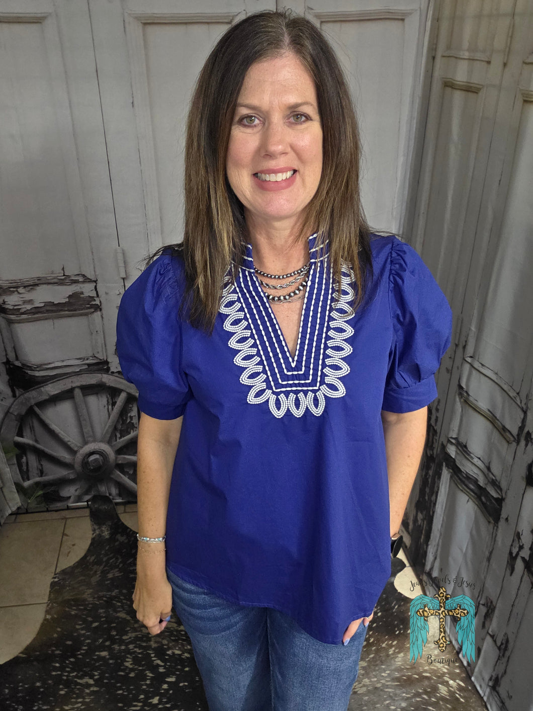 Embroidered V-Neck Top-Indigo