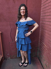 Load image into Gallery viewer, Denim Off The Shoulder Ruffled Hi-Low Dress

