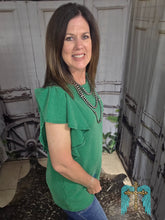 Load image into Gallery viewer, Ruffled Sleeve Solid Top-Kelly Green - Jeans Jewels and Jesus Boutique
