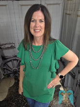 Load image into Gallery viewer, Ruffled Sleeve Solid Top-Kelly Green - Jeans Jewels and Jesus Boutique

