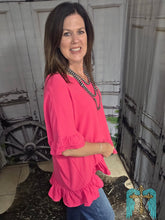 Load image into Gallery viewer, Solid Short Ruffle Sleeve Hi Low Top-Hot Pink - Jeans Jewels and Jesus Boutique

