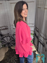 Load image into Gallery viewer, Solid Short Ruffle Sleeve Hi Low Top-Hot Pink - Jeans Jewels and Jesus Boutique
