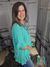 Load image into Gallery viewer, Solid Short Ruffle Sleeve Hi Low Top-Mint - Jeans Jewels and Jesus Boutique
