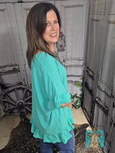 Load image into Gallery viewer, Solid Short Ruffle Sleeve Hi Low Top-Mint - Jeans Jewels and Jesus Boutique
