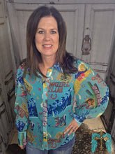 Load image into Gallery viewer, Turquoise Cowgirl Club Chifon Button Up Top - Jeans Jewels and Jesus Boutique
