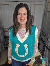 Load image into Gallery viewer, Turquoise V Neck Horsehoe Sweater Vest - Jeans Jewels and Jesus Boutique
