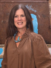 Load image into Gallery viewer, Umgee Brown Corduroy Ruffle Neck Dress - Jeans Jewels and Jesus Boutique
