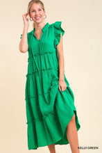 Load image into Gallery viewer, Kelly Green Cotton Gauze Tiered Dress with Ruffle Sleeve and Front Tie
