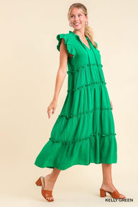 Kelly Green Cotton Gauze Tiered Dress with Ruffle Sleeve and Front Tie