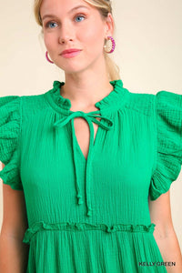 Kelly Green Cotton Gauze Tiered Dress with Ruffle Sleeve and Front Tie