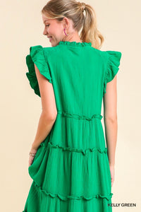 Kelly Green Cotton Gauze Tiered Dress with Ruffle Sleeve and Front Tie