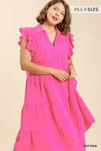 Load image into Gallery viewer, Hot Pink Collar Split Neck Short Ruffle Sleeves Tiered Midi Dress
