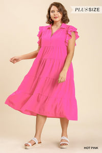 Hot Pink Collar Split Neck Short Ruffle Sleeves Tiered Midi Dress