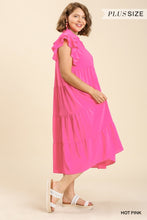Load image into Gallery viewer, Hot Pink Collar Split Neck Short Ruffle Sleeves Tiered Midi Dress

