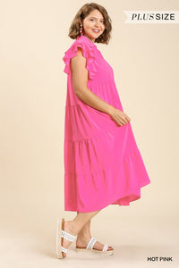 Hot Pink Collar Split Neck Short Ruffle Sleeves Tiered Midi Dress