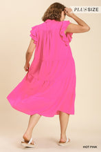 Load image into Gallery viewer, Hot Pink Collar Split Neck Short Ruffle Sleeves Tiered Midi Dress
