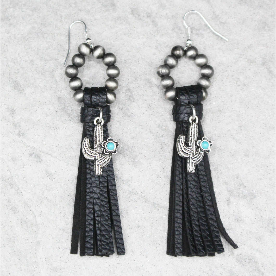 Cactus with Leather Tassel Earring