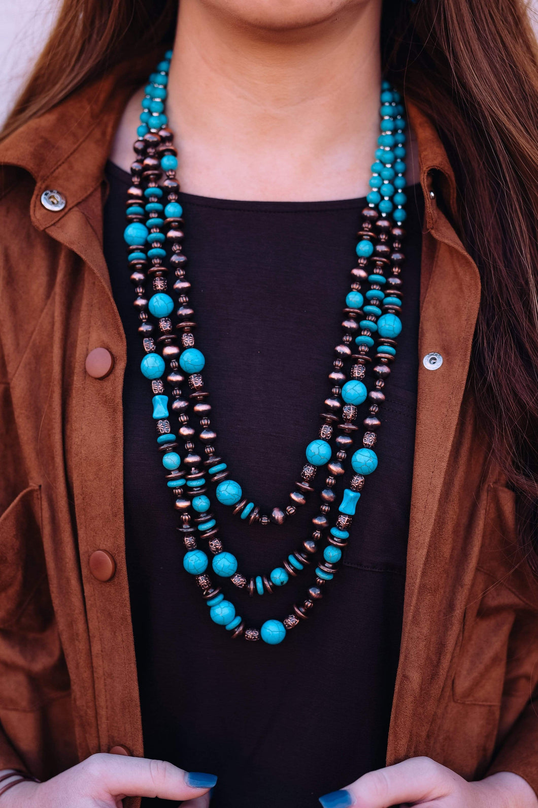 Fashion 3 Strand Mixed Bead Necklace - Copper/Turquoise