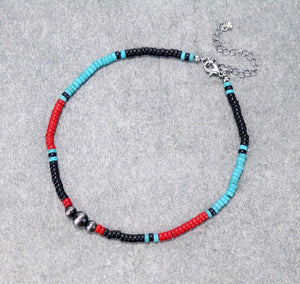 Red, Black & Turquoise Seed Bead Choker
