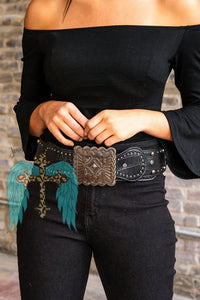 Black Faux Leather Studded Wide Belt