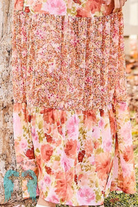 Off Shoulder Floral Print Mix Maxi Dress